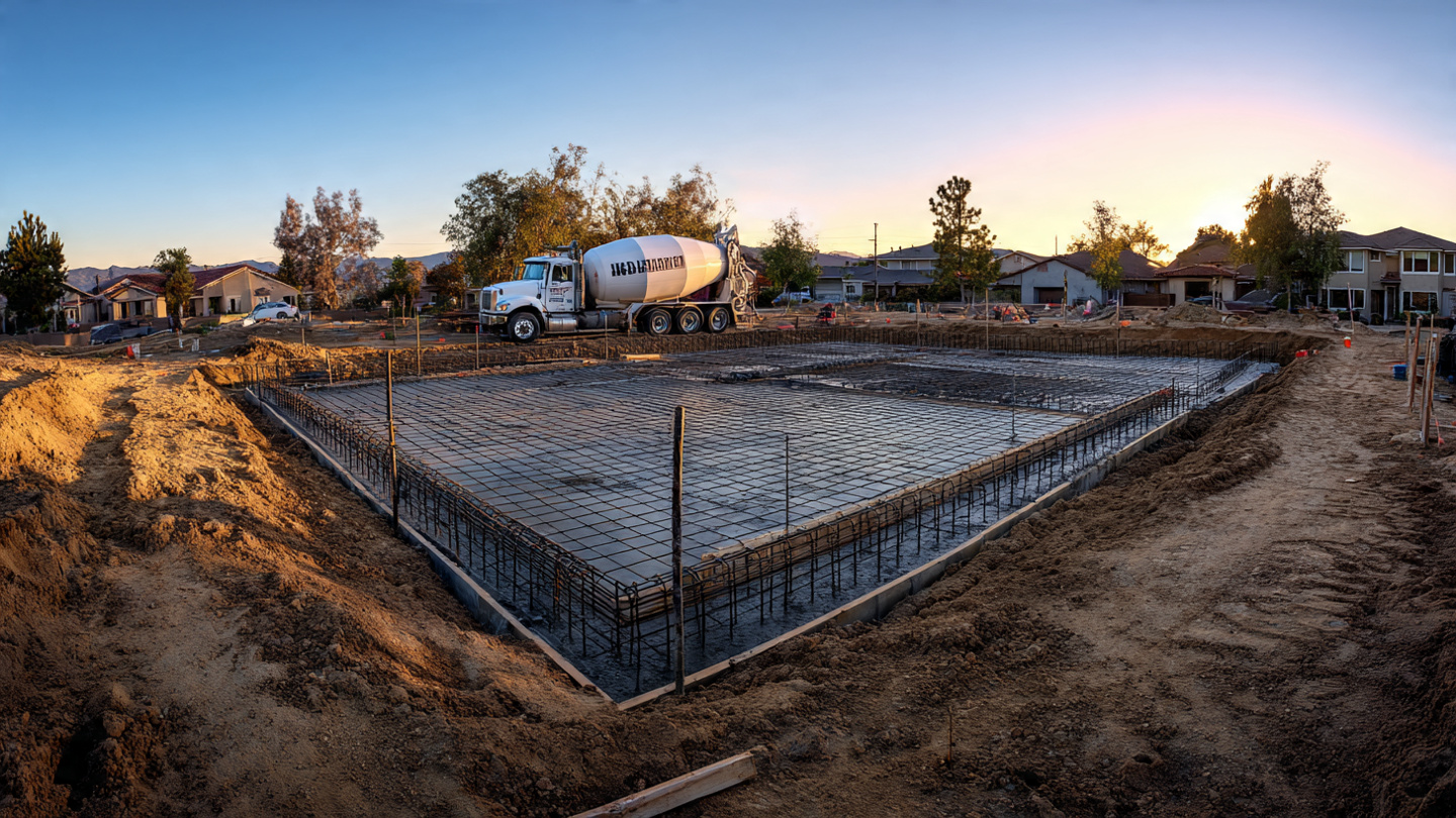 A concrete foundation being poured for a single-family home with rebar grids visible and environmental assessment paperwork on lumber nearby