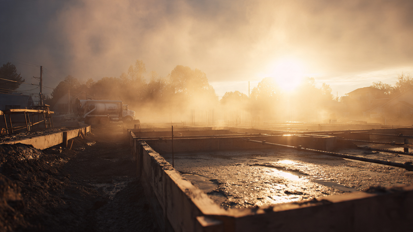 A half-finished residential foundation pour at dawn, concrete trucks and rebar visible, with faint morning fog hanging over the site