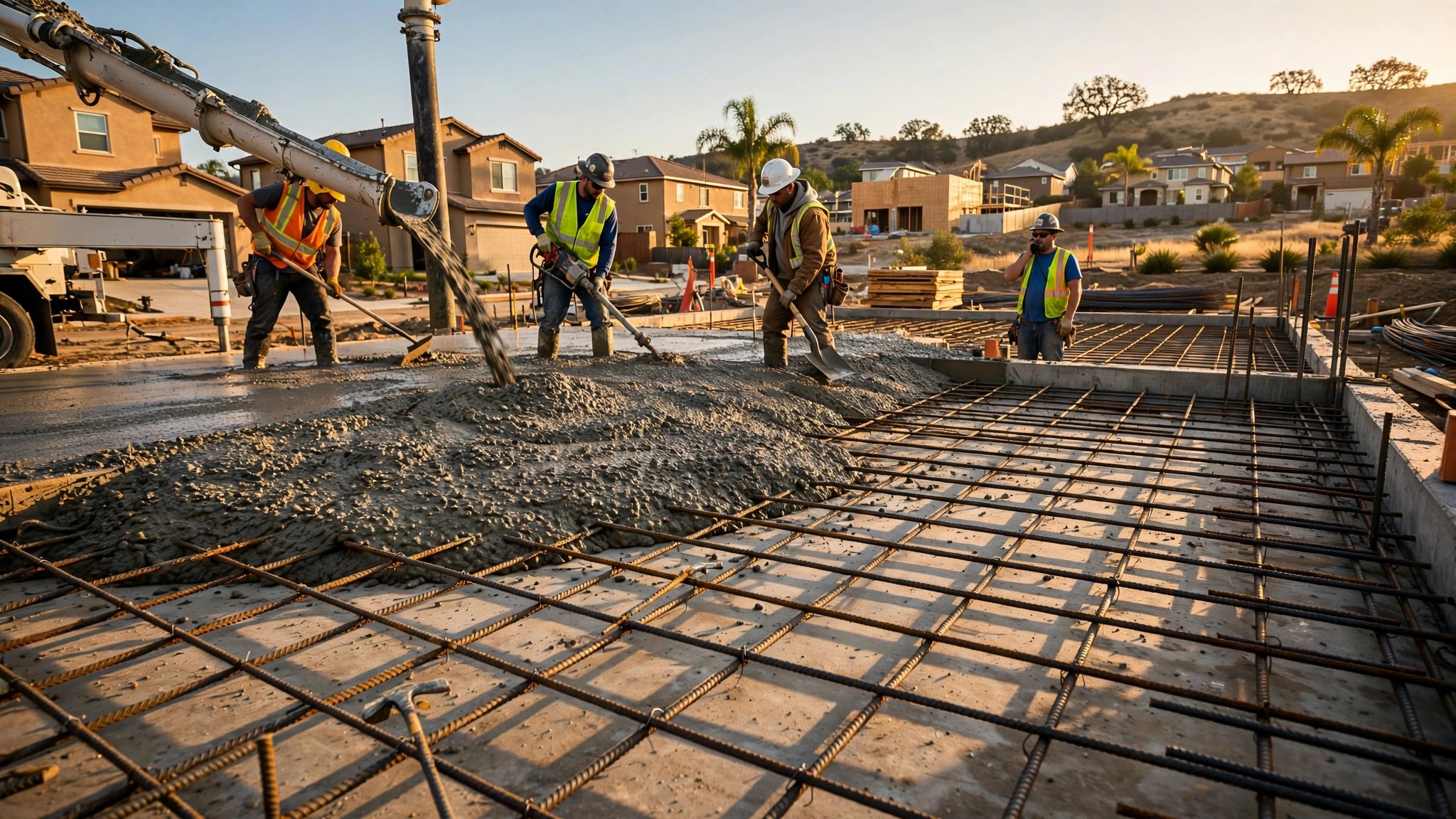 A concrete foundation being poured for a residential home in California, with rebar grid visible and a construction crew working in golden afternoon light, suburban development in the background