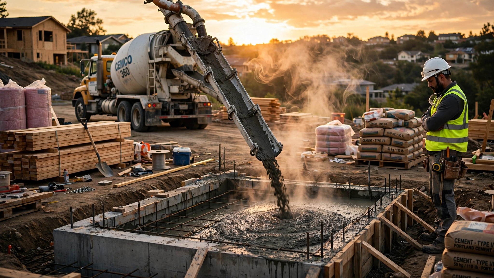 A construction site with concrete being poured for a foundation, overlaid with a translucent CO2 emissions visualization rising from the materials