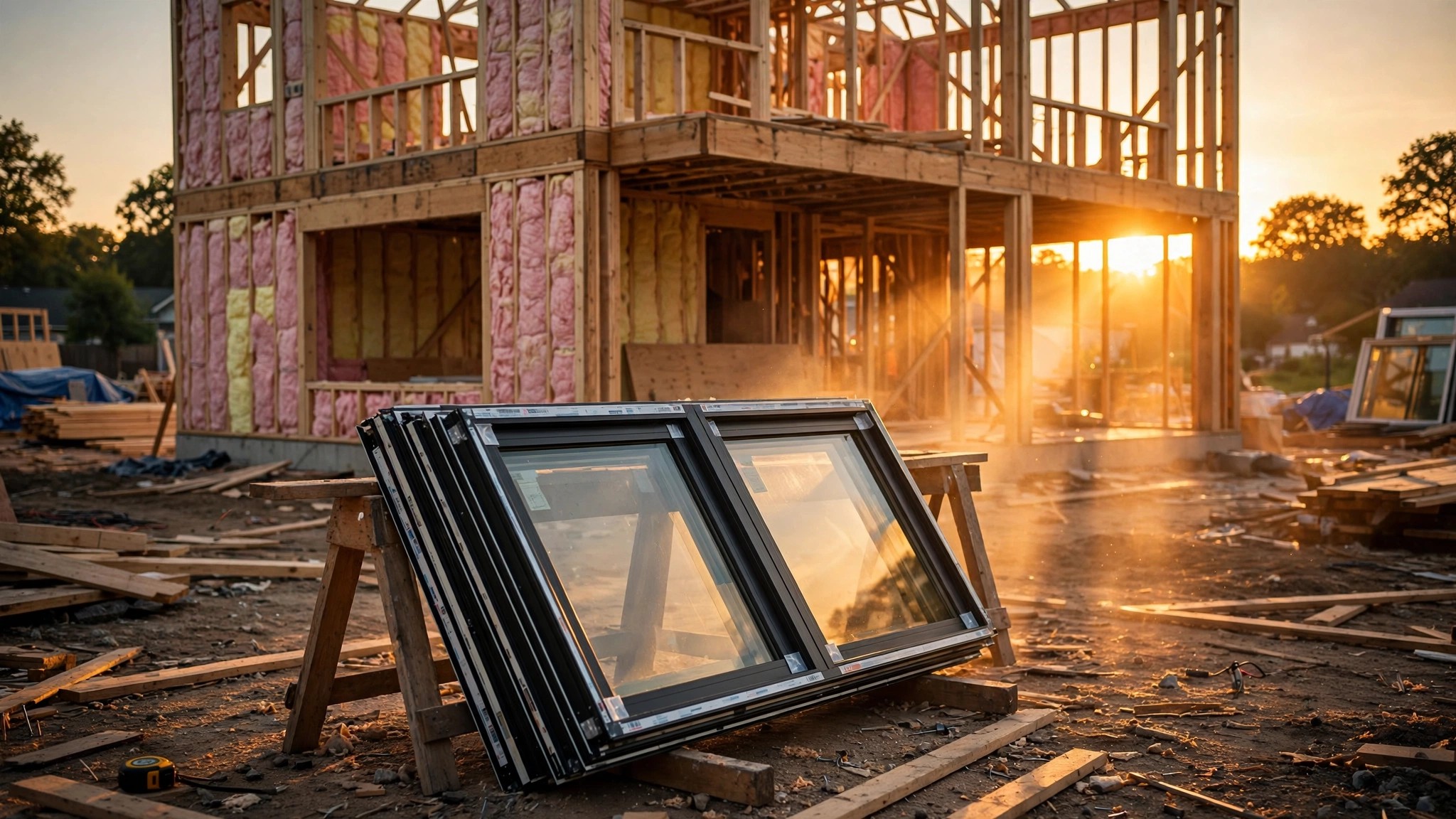 A partially framed residential construction site with energy-efficient insulation visible in the wall cavities, set against a warm sunset