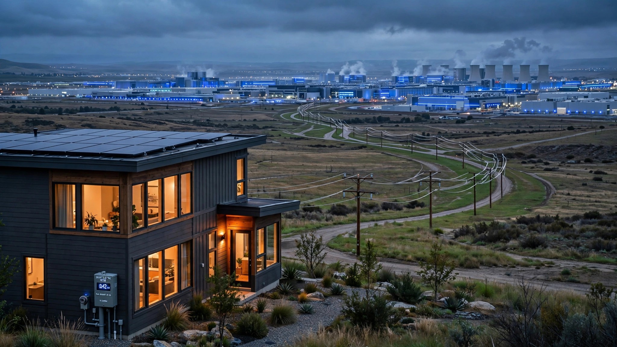 A split image showing a clean modern energy-efficient home kitchen on one side and massive data center server racks glowing blue on the other, connected by electrical lines