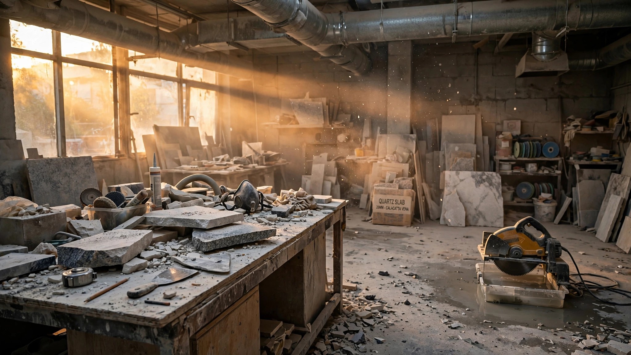 Empty stone fabrication shop with dust hanging in angled afternoon light, wet saw idle, no workers visible