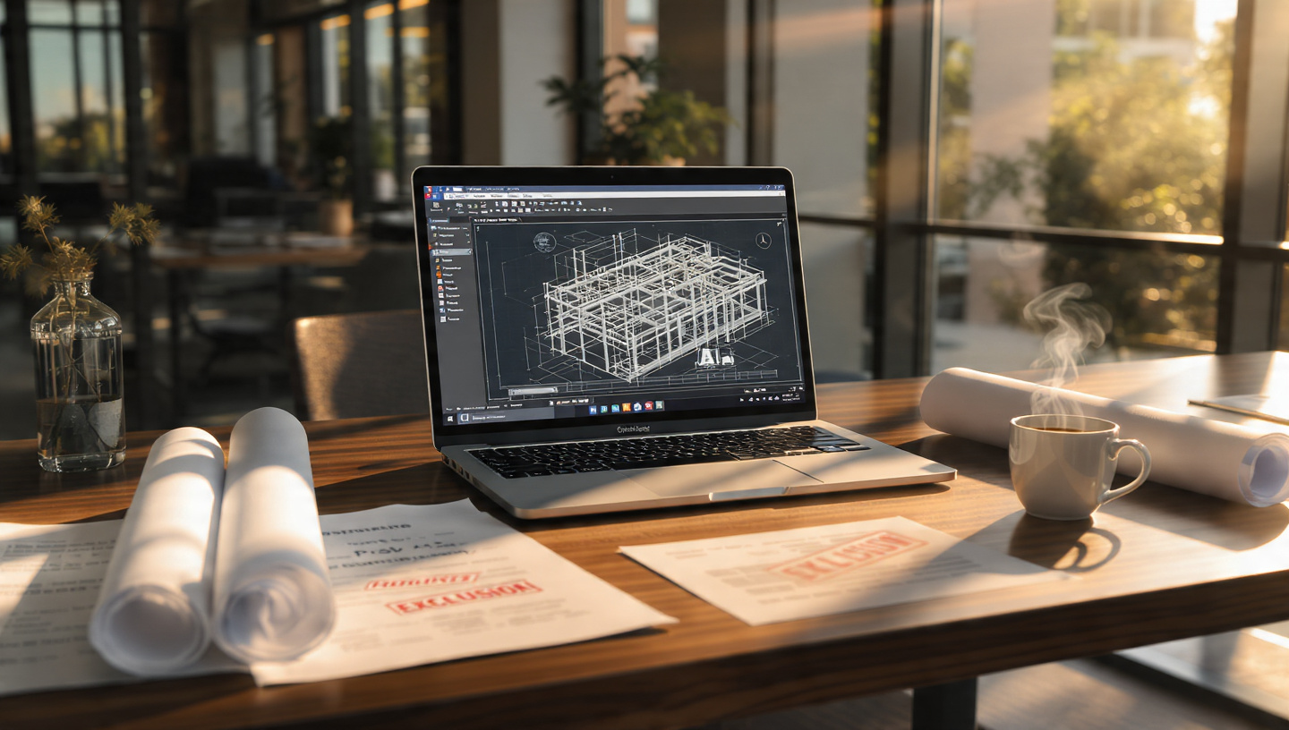 An architect's desk with AI design software and an insurance policy with exclusion stamps
