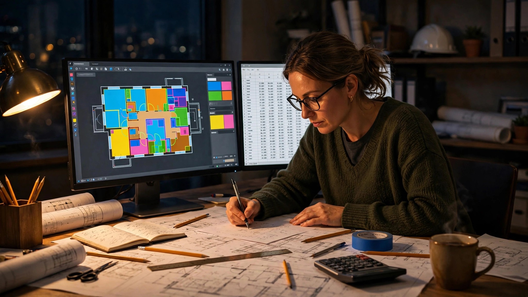 A construction estimator working late at a desk covered in blueprints and dual monitors, one screen showing AI takeoff software and the other showing a manual spreadsheet, warm desk lamp light