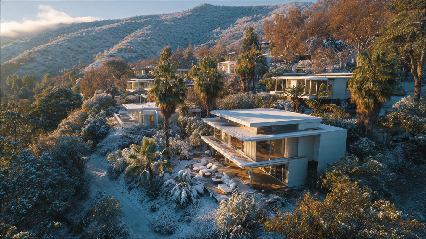 Three nearly identical white modernist houses with flat roofs and floor-to-ceiling glass arranged on a hillside in different climates