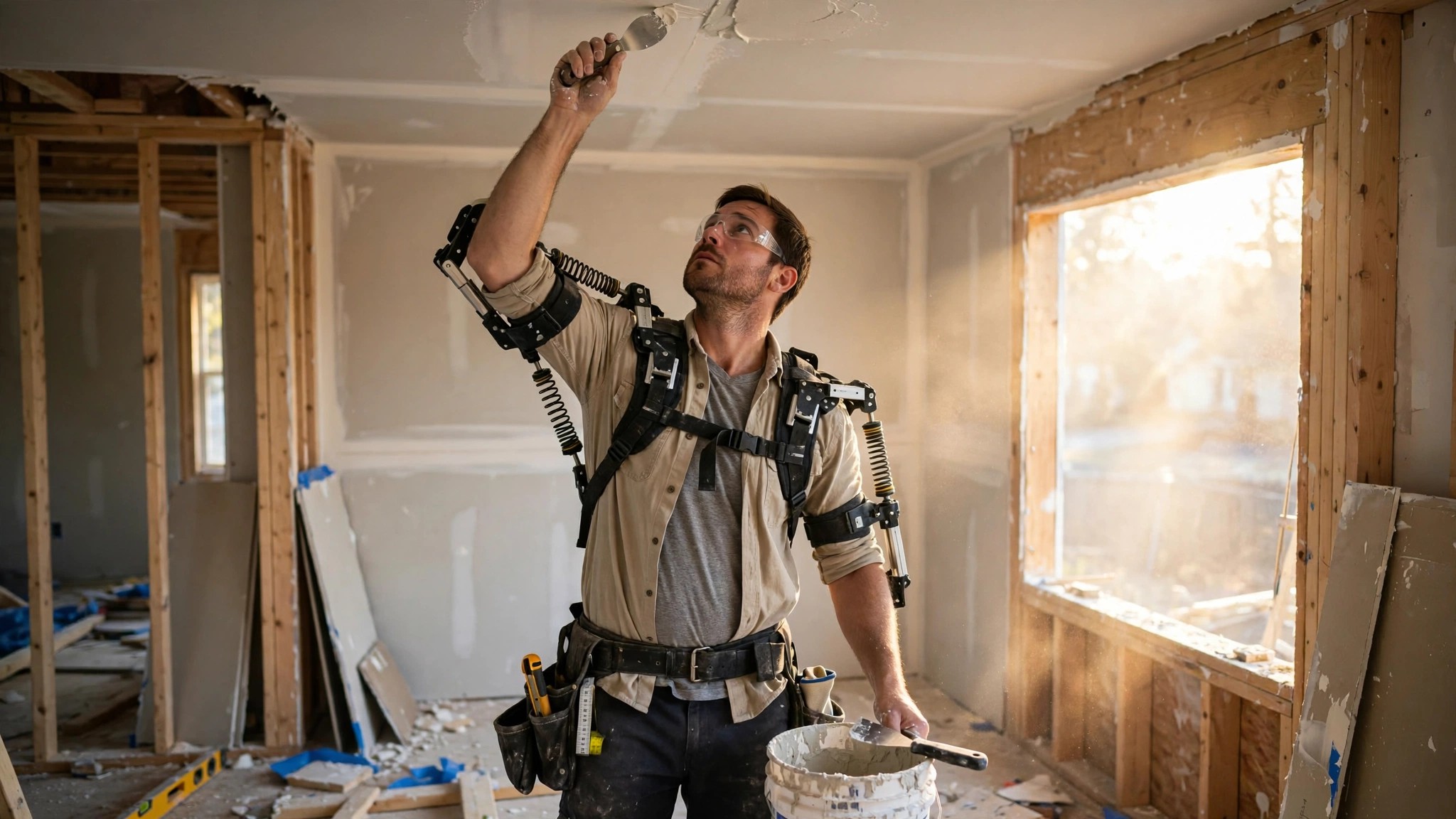 Construction worker wearing a passive shoulder exoskeleton while installing drywall overhead on a residential job site