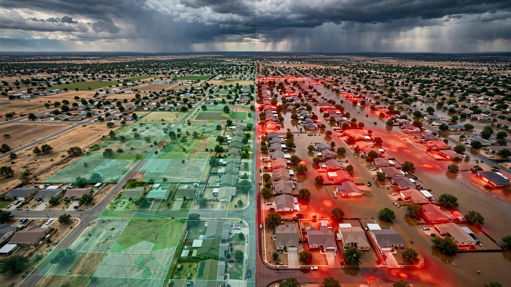 An aerial view of a residential neighborhood partially submerged in floodwater, with an overlay of digital flood risk contour lines glowing in blue and orange against a twilight sky