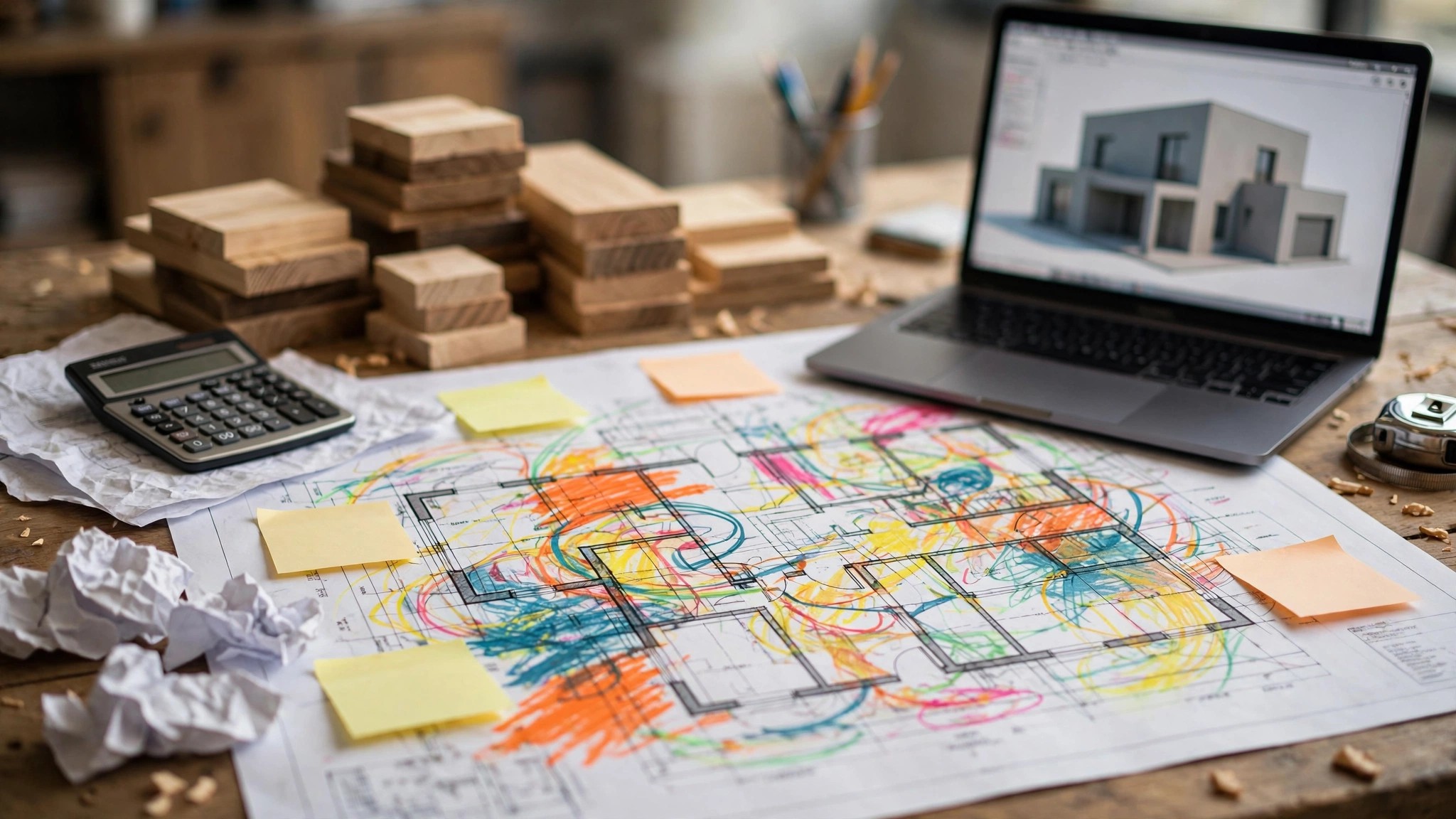 A residential construction blueprint spread across a table with multiple colored markup versions overlapping, surrounded by a laptop showing a 3D model, a lumber yard receipt, and a handwritten estimate on a legal pad