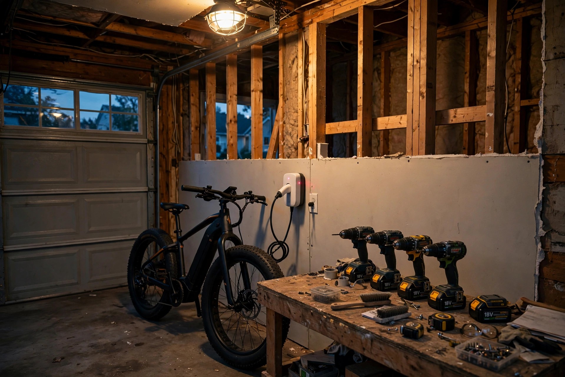 An attached residential garage interior with an e-bike charging beside stored power tools, half-inch drywall visible on the wall separating the garage from the living space