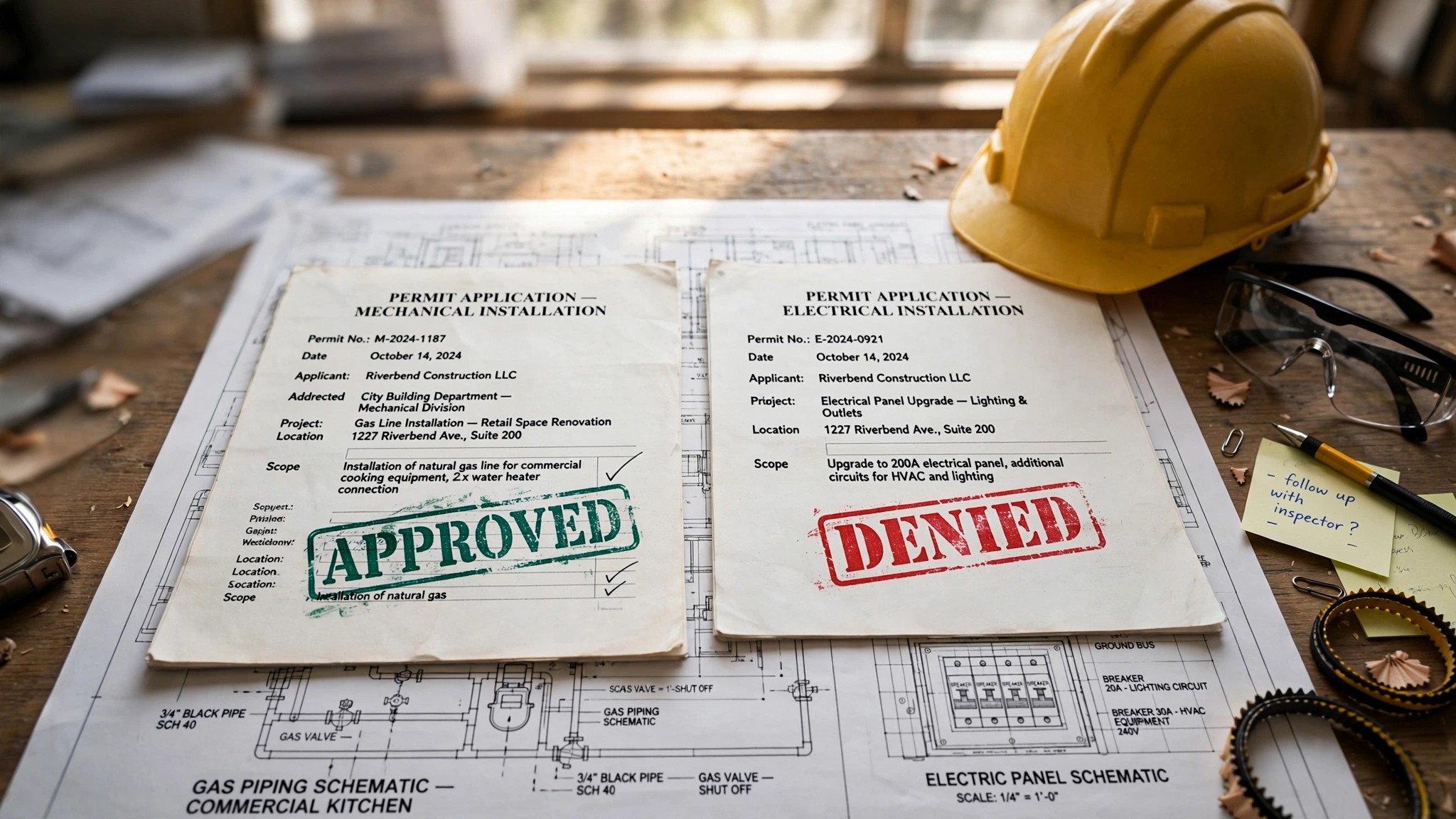 Legal documents and building plans on a desk with gas and electric appliance blueprints