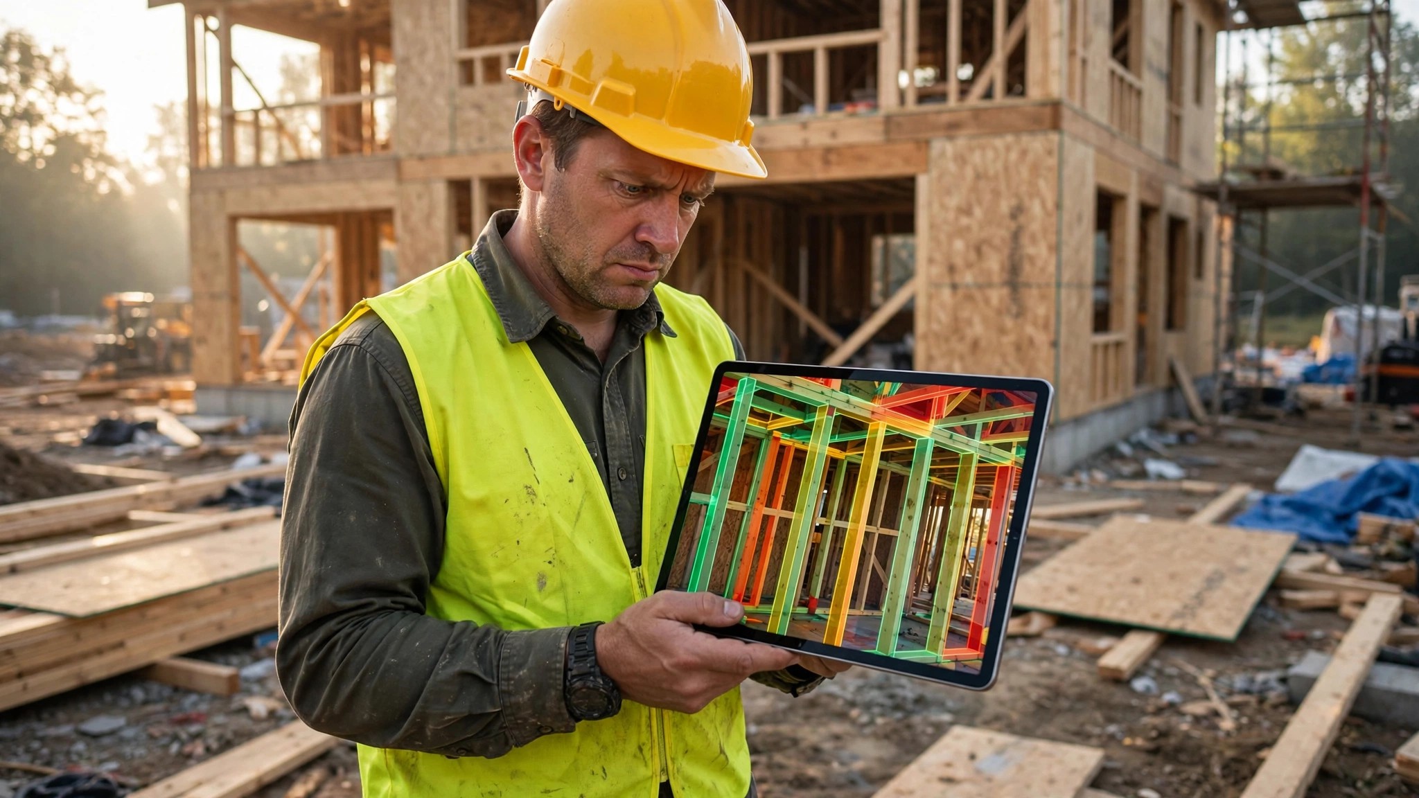 A construction superintendent reviewing a tablet showing AI analysis overlaid on a job site photograph