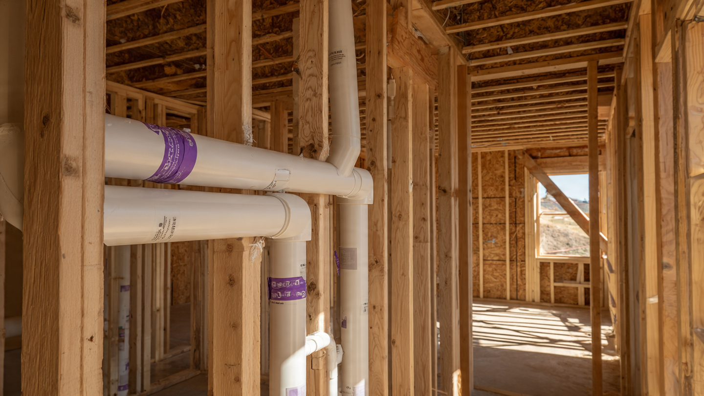 Dual drain lines roughed into exposed wall framing during new home construction, showing separated graywater and blackwater PVC pipes