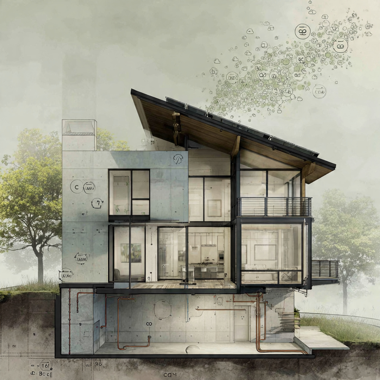 Cross-section of a modern energy-efficient home revealing concrete foundation and insulation layers