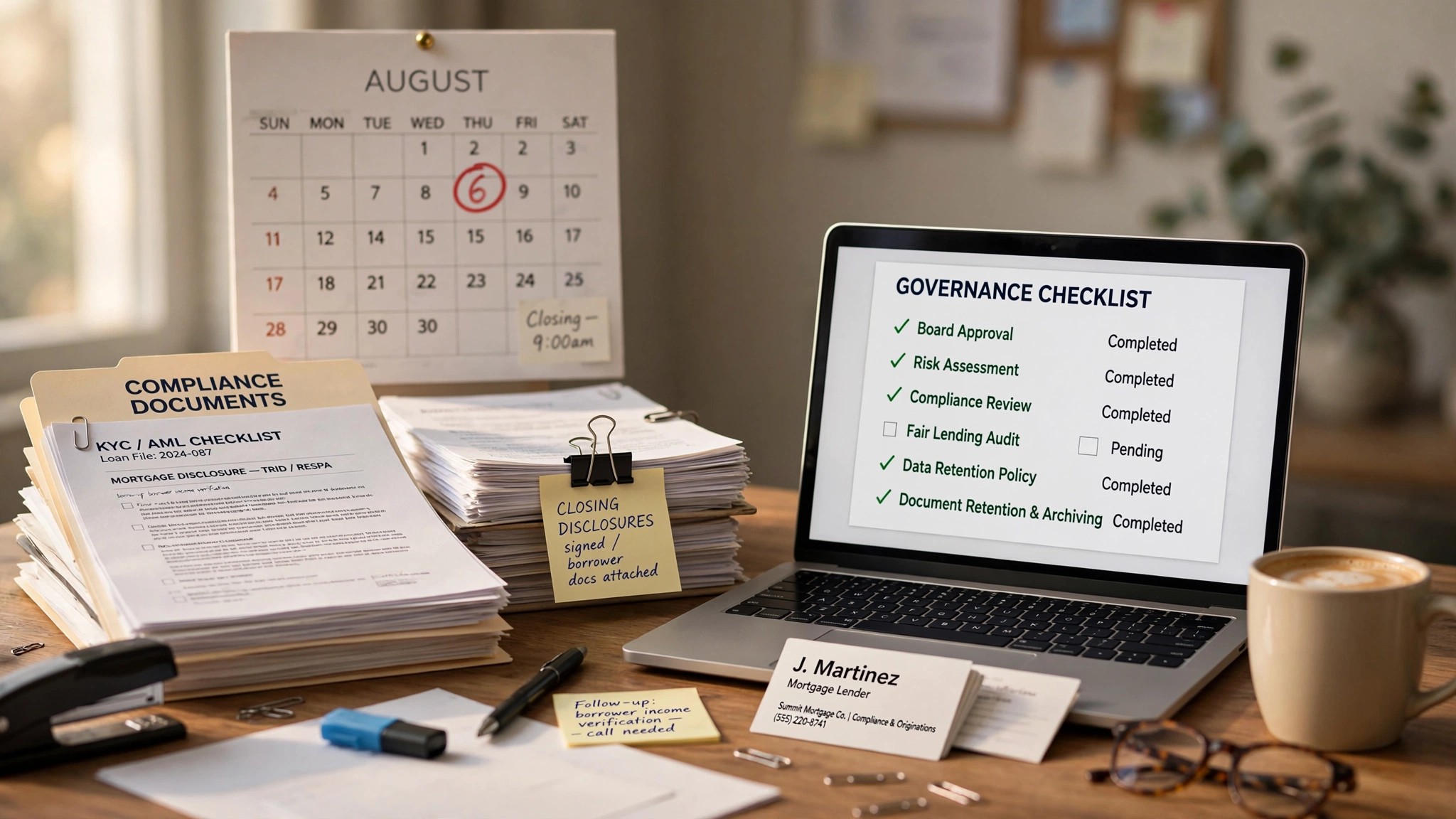 A mortgage lender's desk with stacks of compliance documents, a laptop showing a governance checklist, and a wall calendar with August 6 circled in red marker