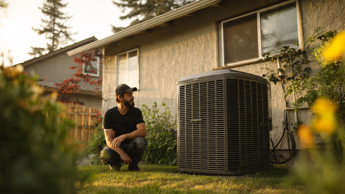 Heat pump outdoor unit beside a residential home with an energy efficiency display overlay