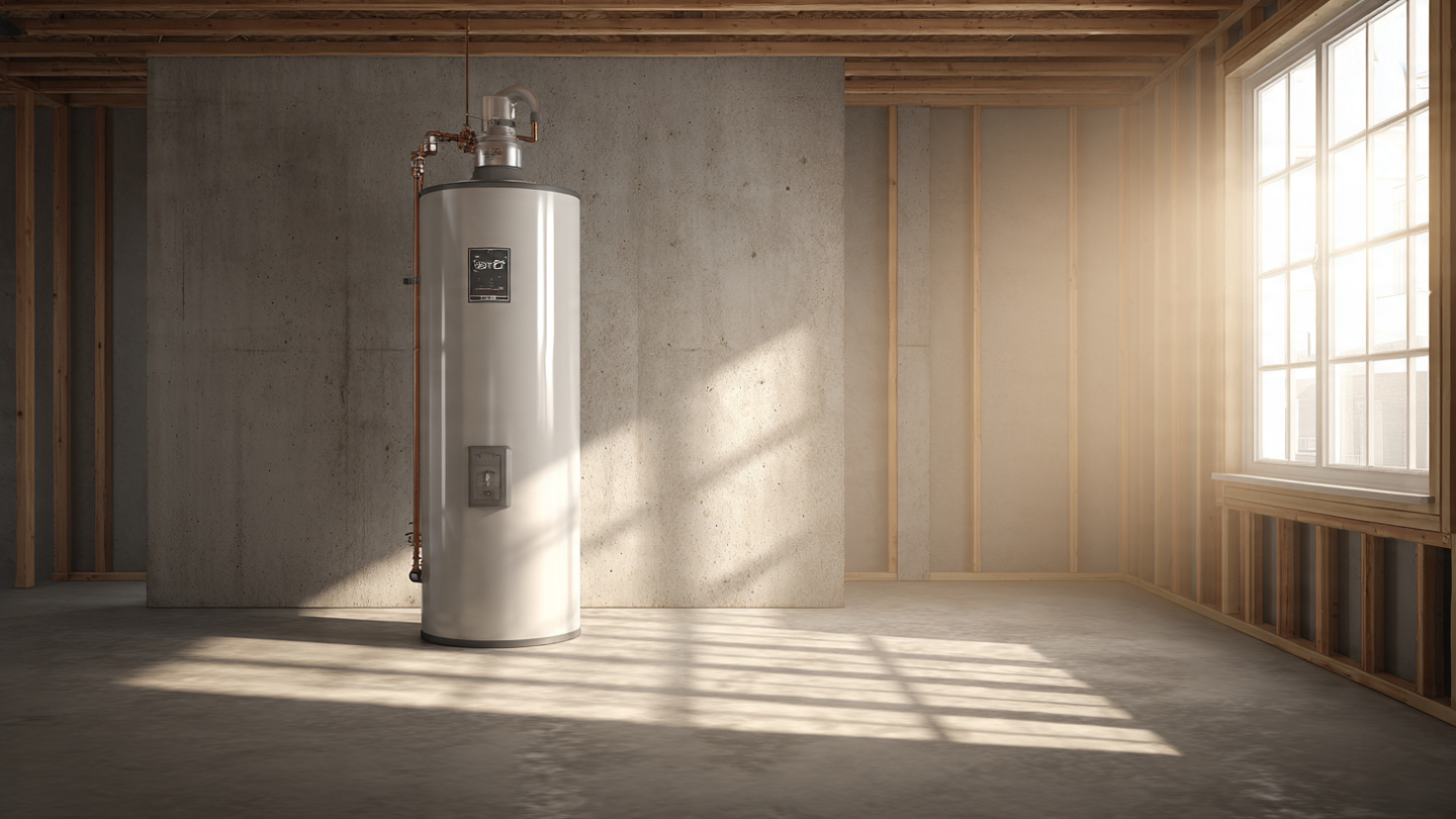 A heat pump water heater installed in a residential garage, warm natural light filtering through a side window