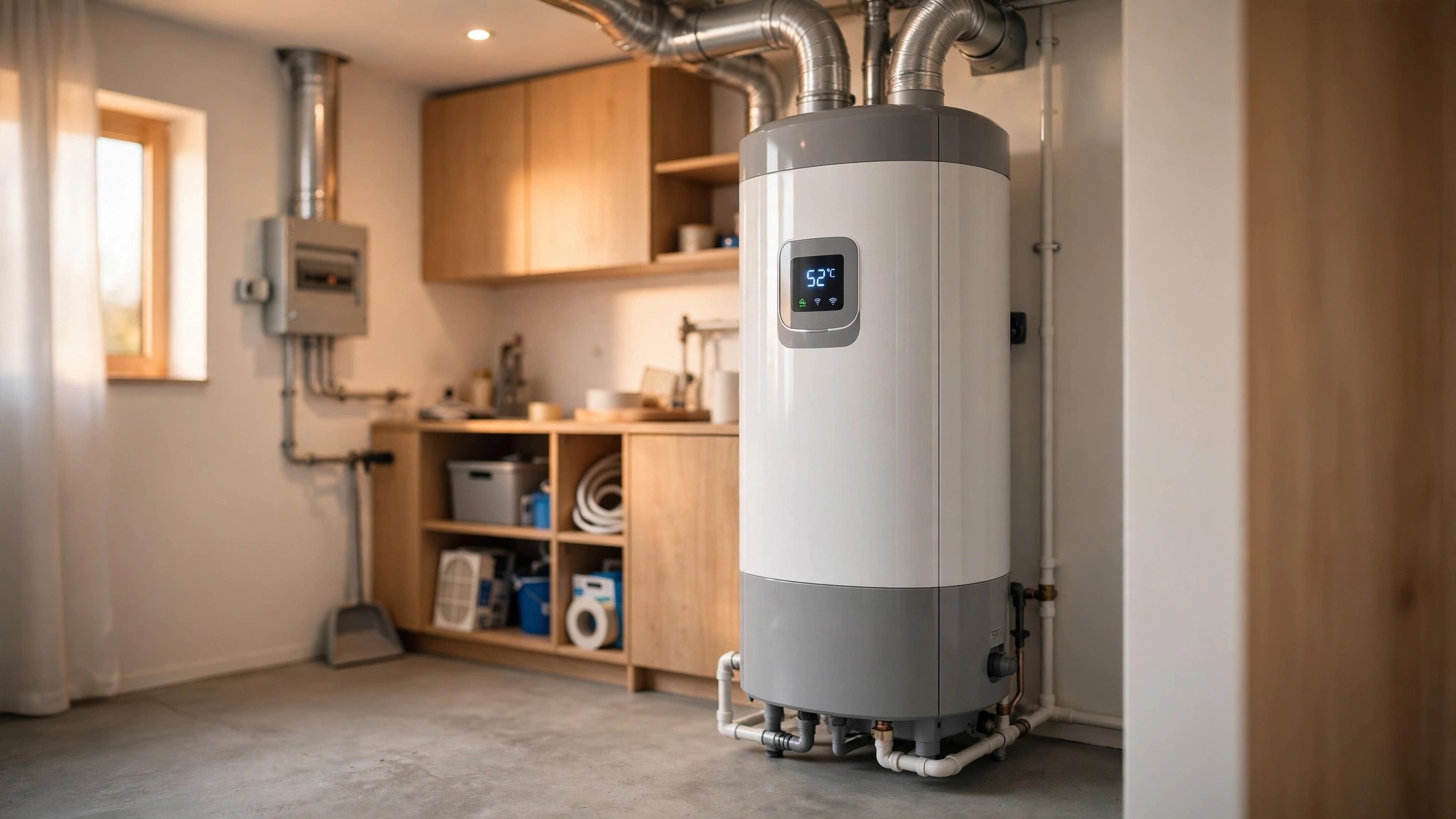 A heat pump water heater installed in a residential utility room