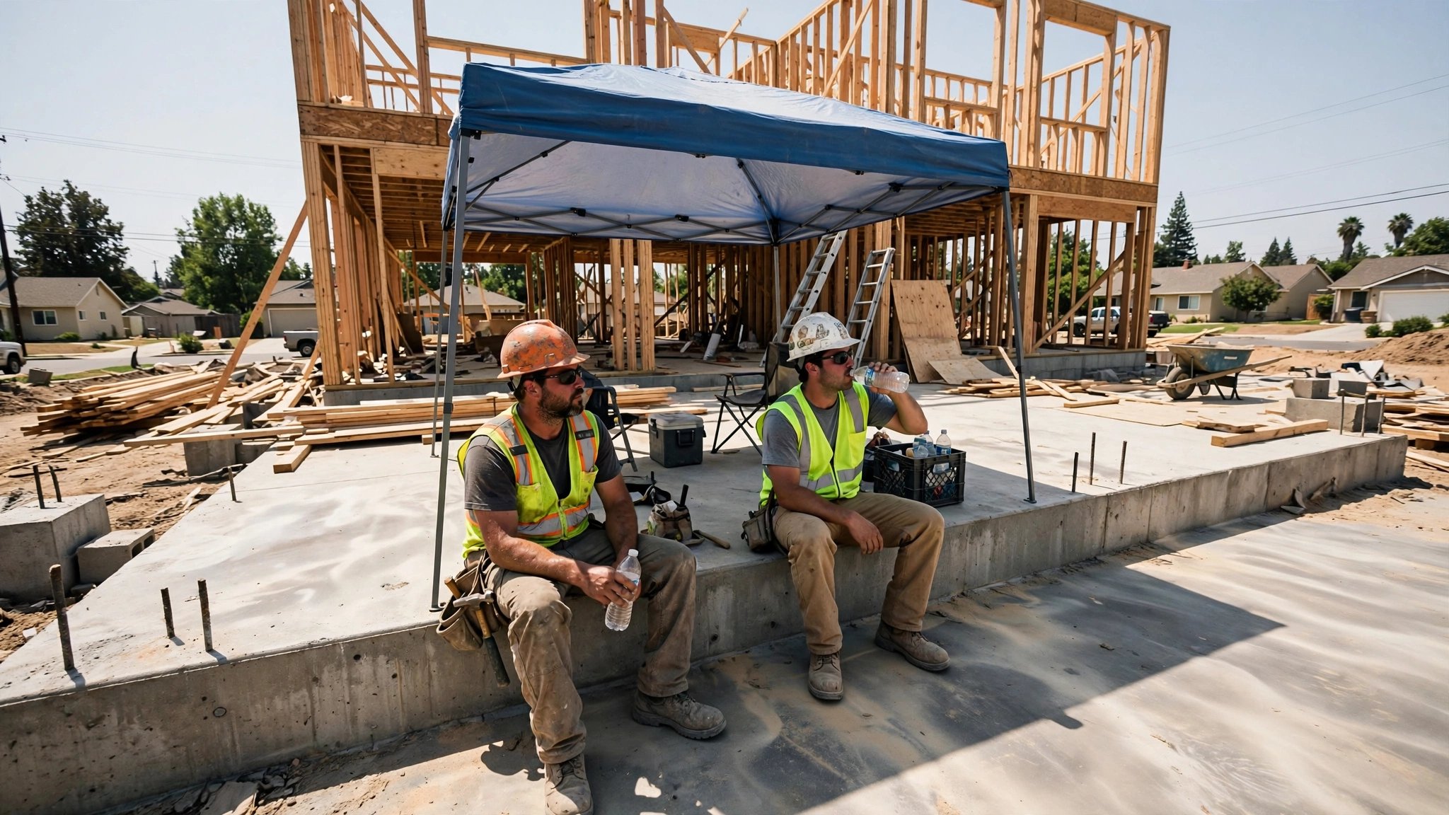 Residential construction site under blazing summer sun with workers taking shade breaks