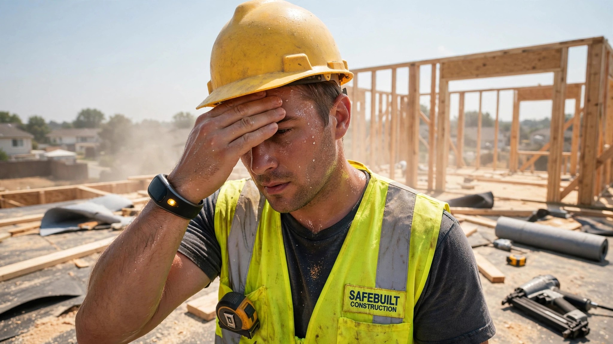 A construction worker on a rooftop in blazing summer heat with a wearable sensor band on his wrist showing an amber warning glow, half-framed house visible in the heat shimmer behind him