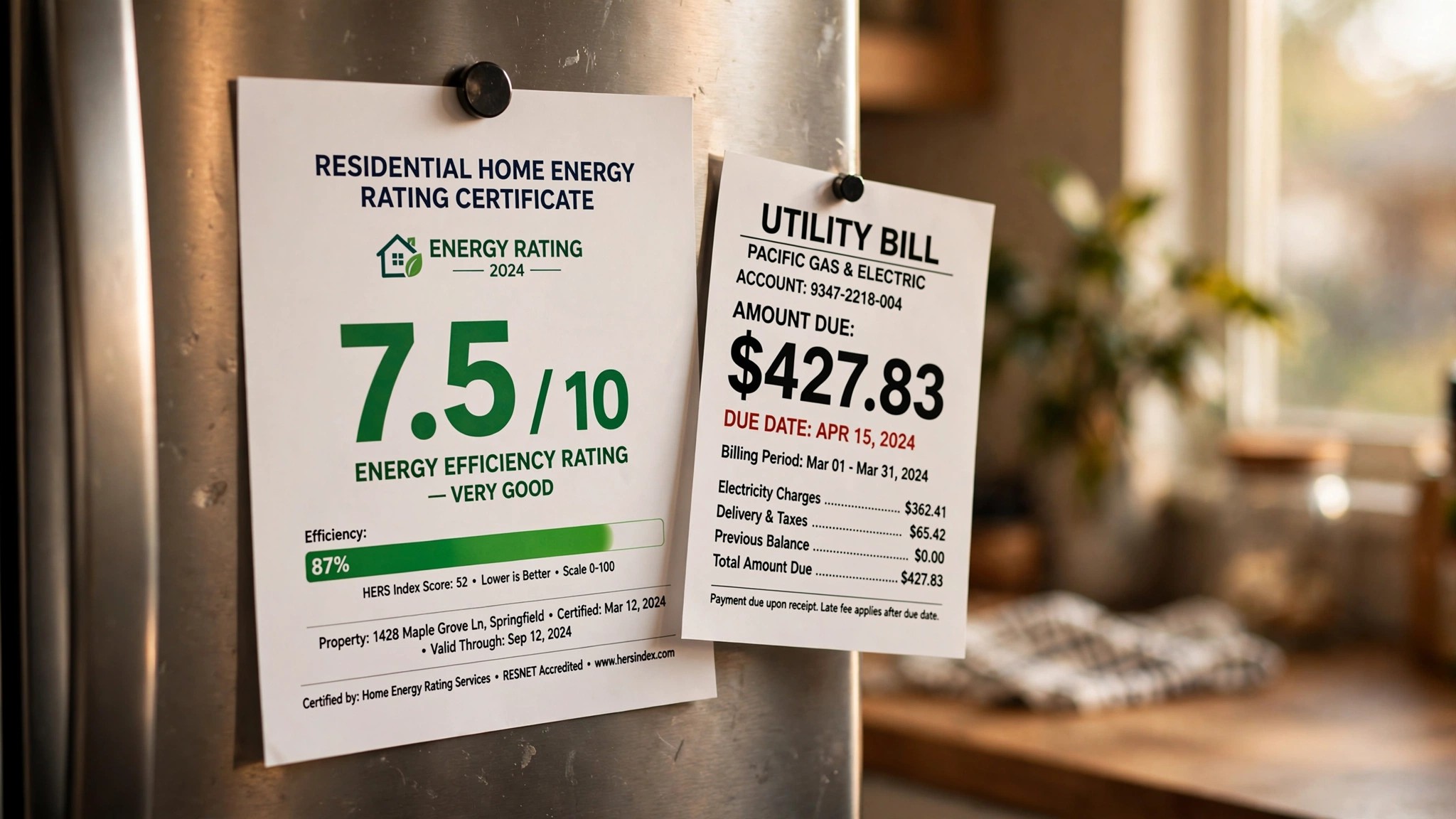 A home energy certificate in bold type pinned to a refrigerator next to a much higher utility bill
