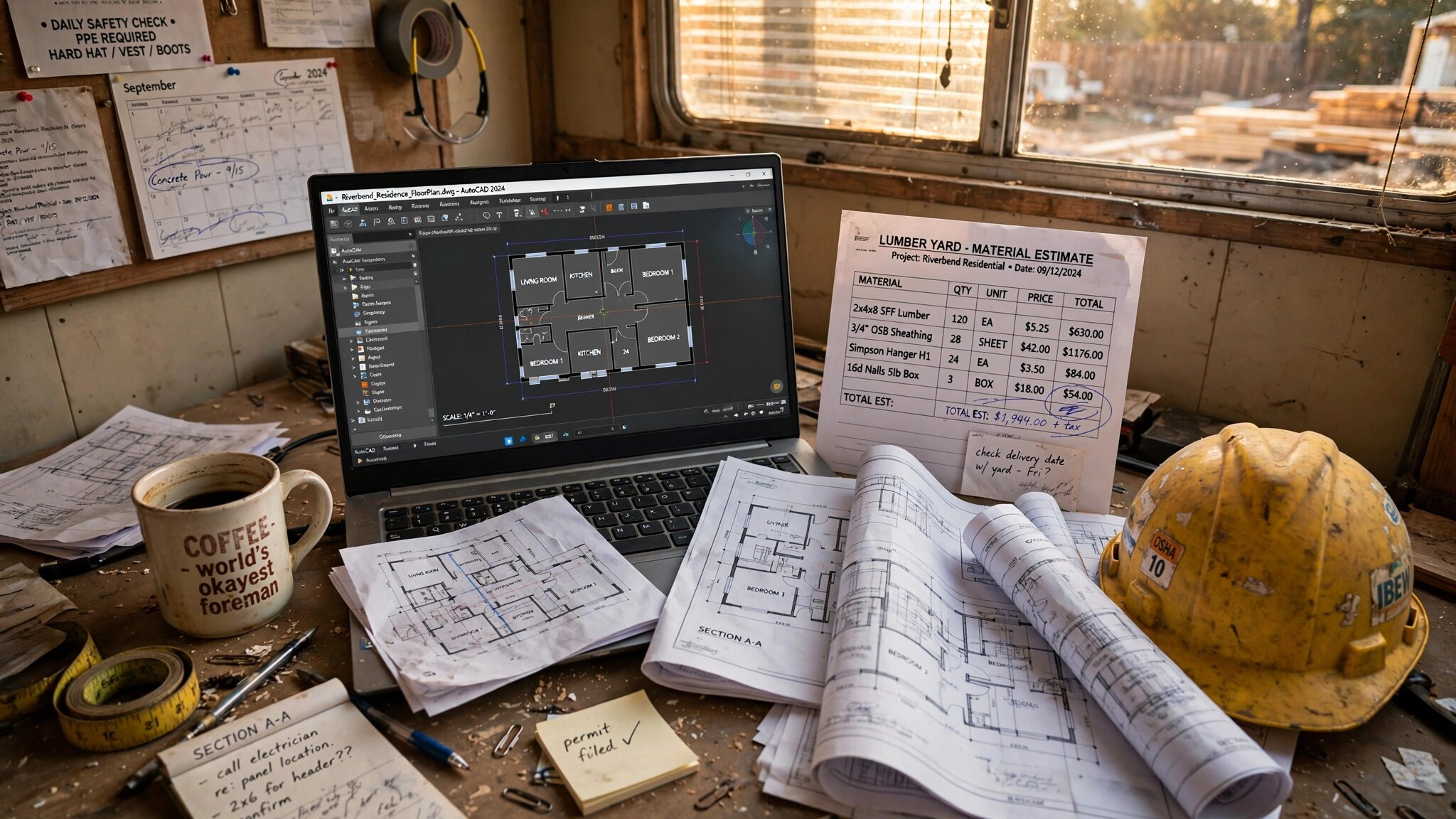 Open laptop showing AutoCAD floor plan next to printed blueprint pages and a lumber yard material estimate spreadsheet on a construction trailer desk