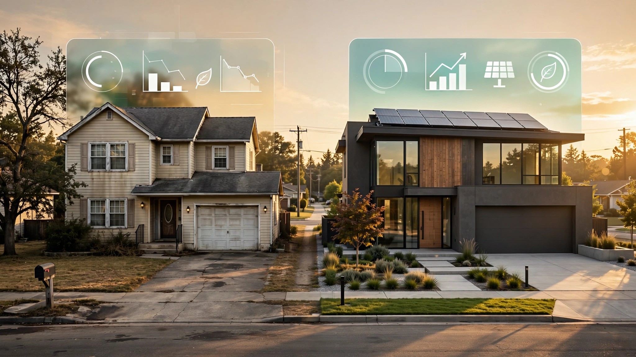 Split image showing an aging 2005 suburban house next to a modern new construction home, with a translucent digital performance score overlay