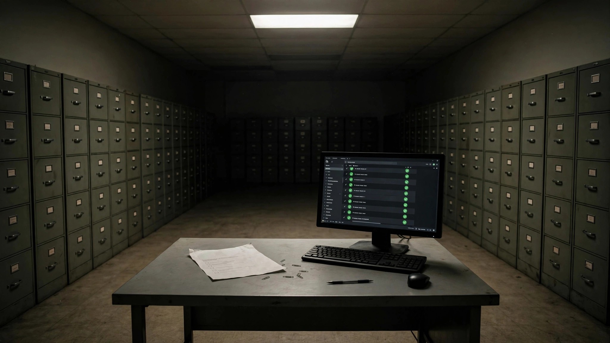 A sparse government office with a single permit application on a desk, a computer screen showing an AI review interface, and rows of empty filing cabinets stretching into the distance