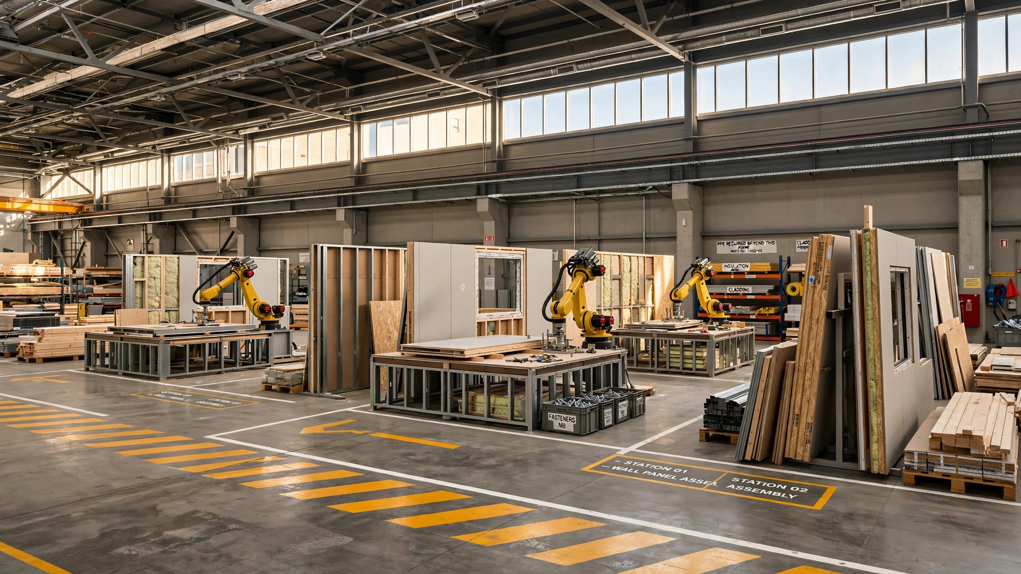 Empty factory floor with robotic assembly stations for modular housing production