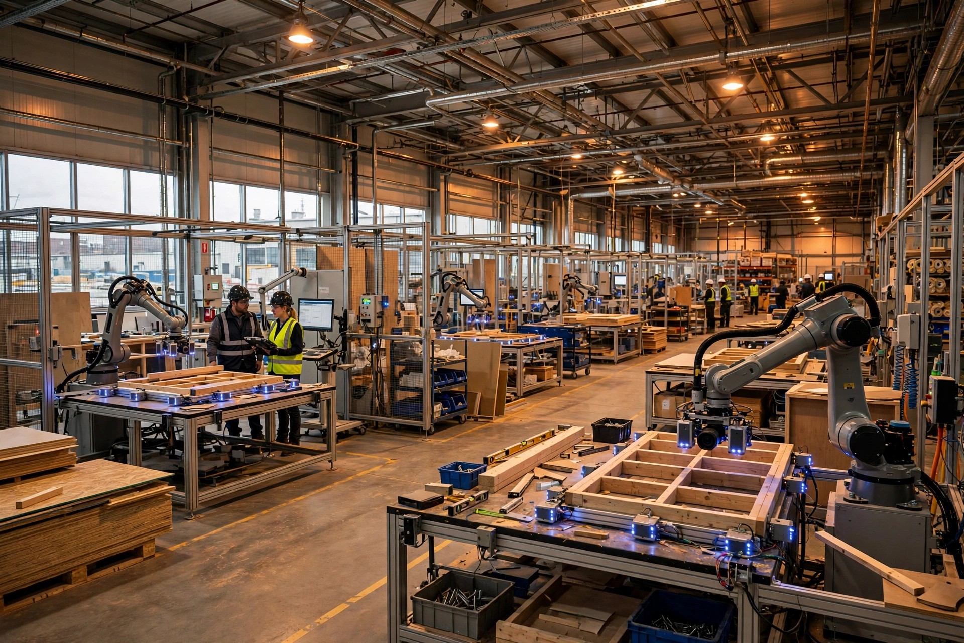 Modular microfactory interior with vision-guided robotic arms framing wall panels, workers supervising at digital interface, warm construction lighting