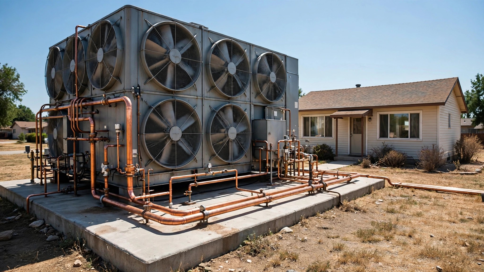 A residential HVAC condenser unit dwarfing the side of a modest single-story home, copper refrigerant lines visible, in harsh midday sun