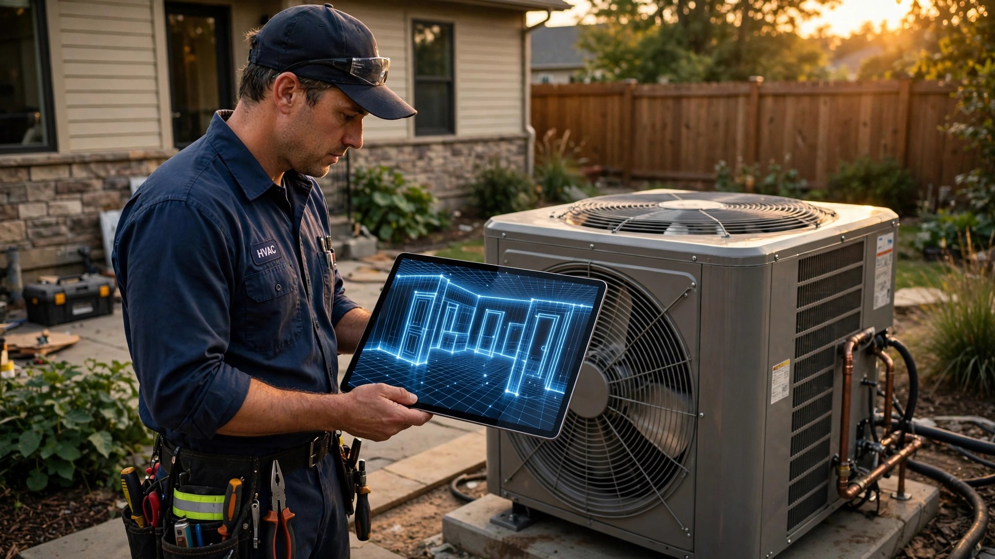 An HVAC technician holding a tablet with a LiDAR 3D scan of a home interior displayed on screen, standing beside a residential heat pump condenser unit in a suburban backyard