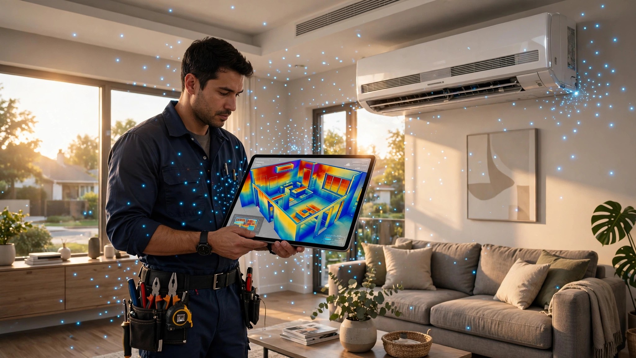 An HVAC technician holds an iPad scanning a living room with visible LiDAR dot grid, a 3D model of the home rendered on screen