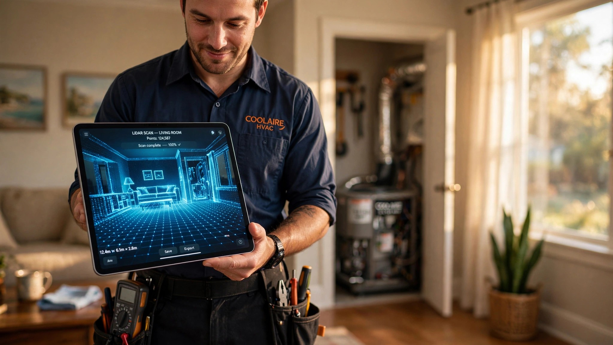 HVAC technician with iPad scanning a residential living room for load calculations