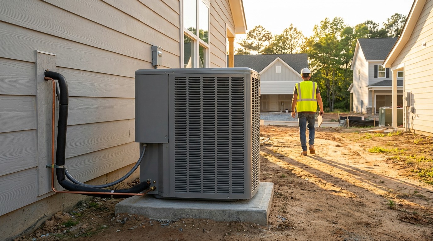 A residential HVAC condenser unit next to a new construction home, afternoon light, copper refrigerant lines visible