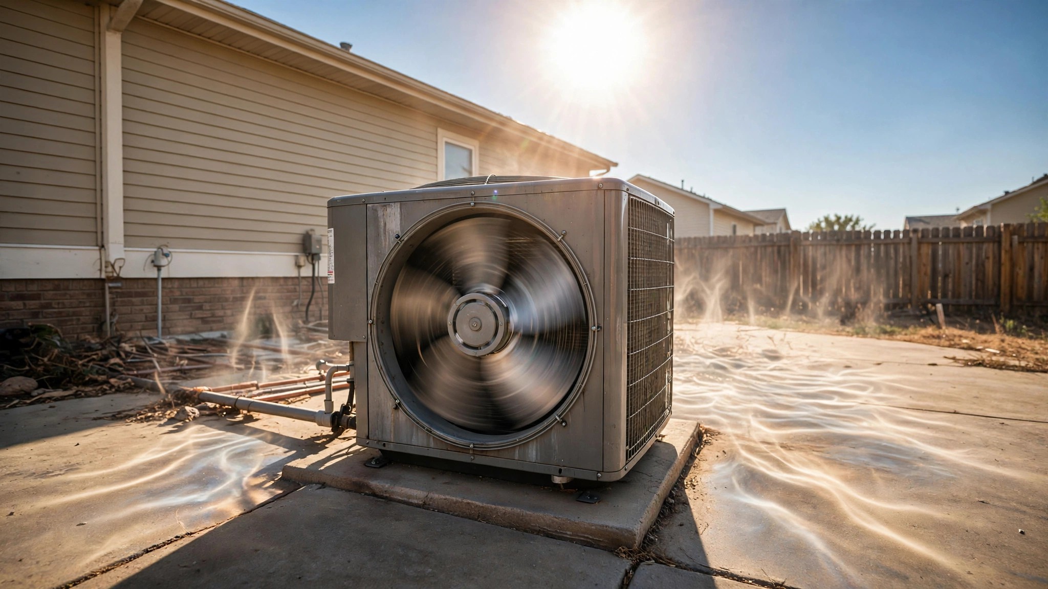 Residential HVAC condenser running at peak capacity in extreme heat