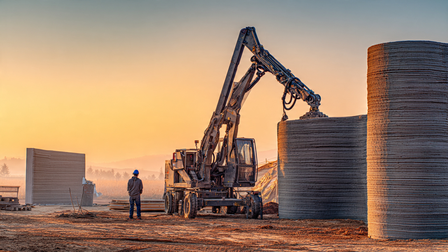 A large robotic arm on a construction site extruding concrete walls layer by layer in morning light