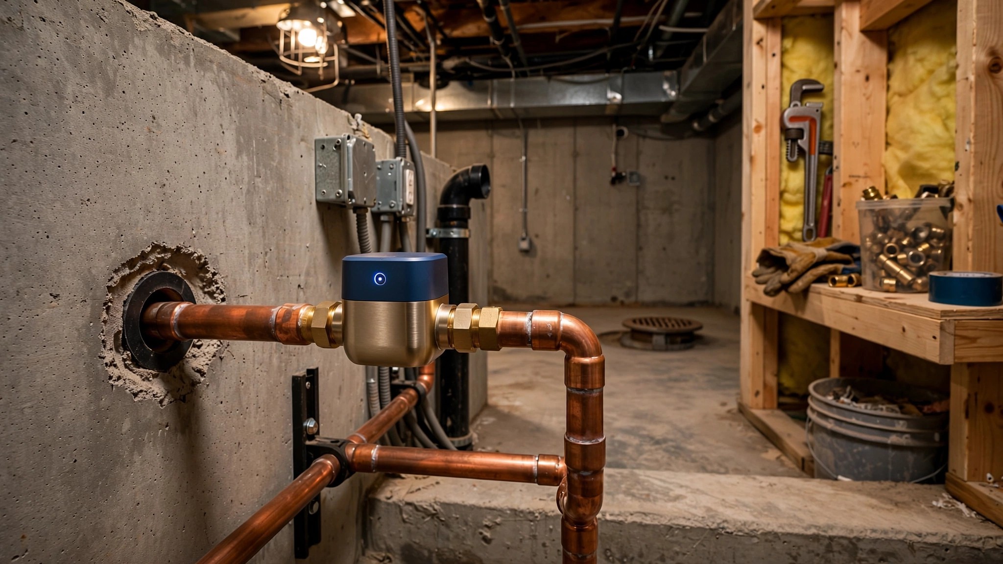 A brass smart water shutoff valve installed on a copper main line in a residential basement, with an LED status light glowing blue and a smartphone nearby showing water flow data
