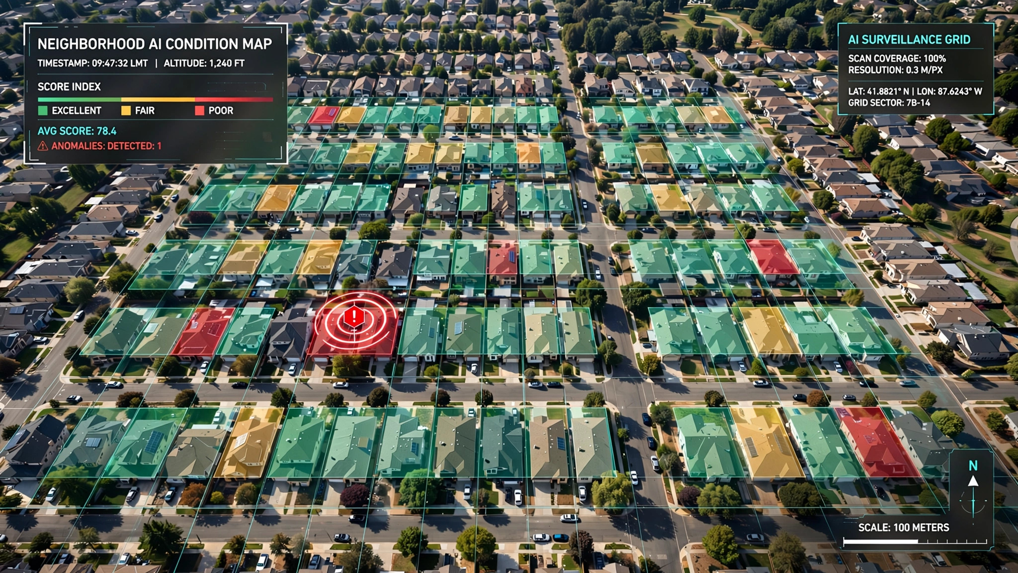 Satellite view of suburban rooftops with colored overlay grids showing AI condition scores, green to red