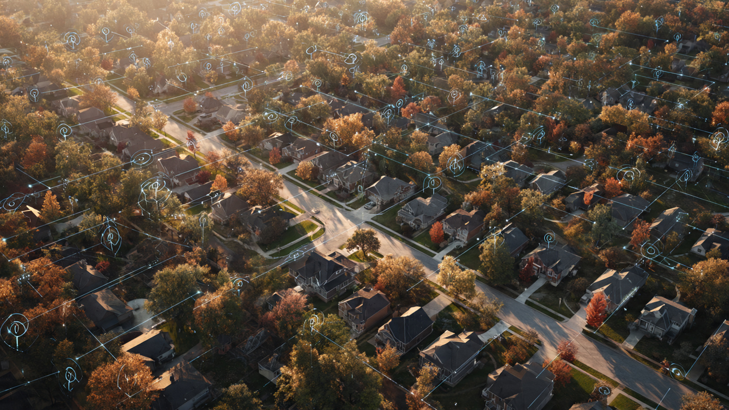 A residential rooftop photographed from above by a drone with an insurance assessment overlay