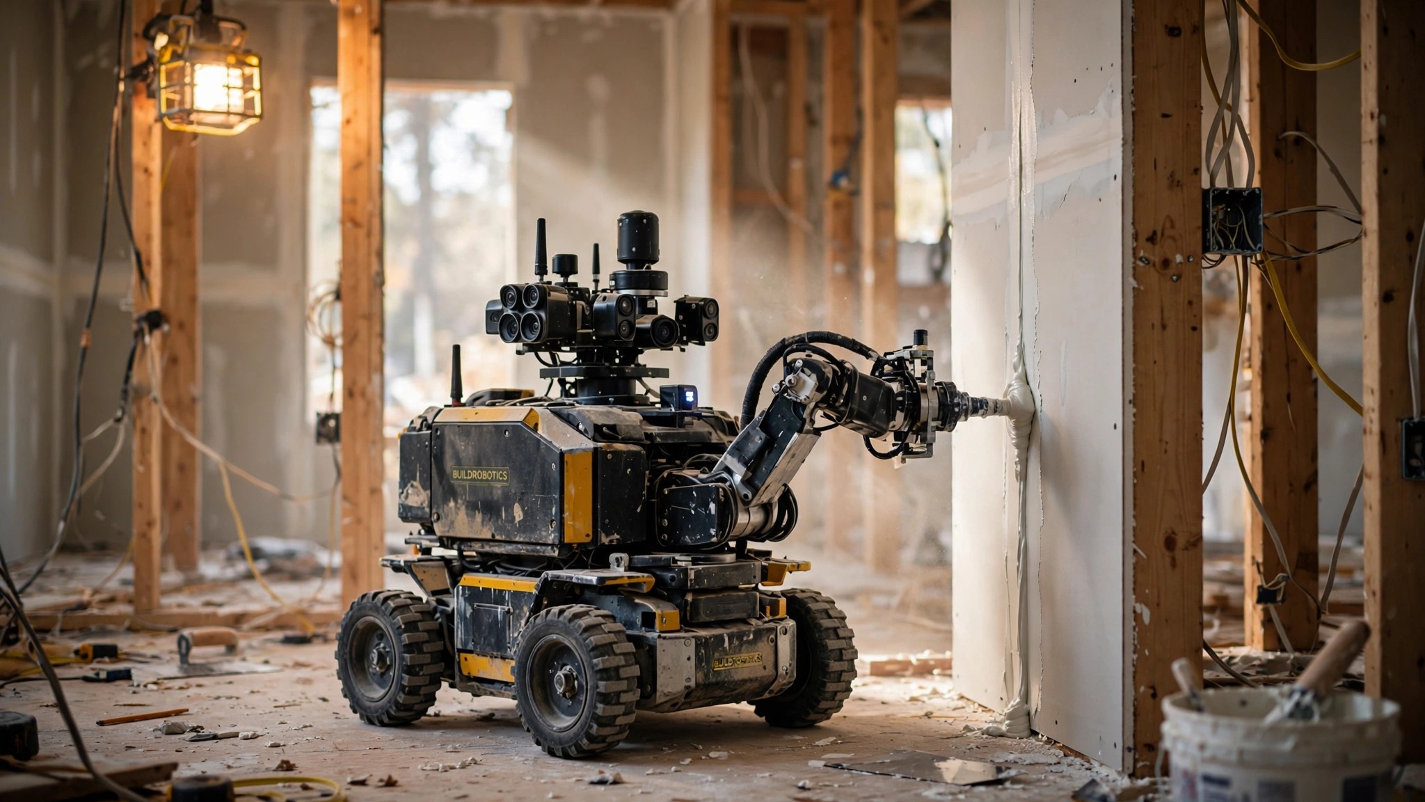 A compact wheeled robot on a construction site spraying joint compound onto a drywall seam in a partially finished residential interior