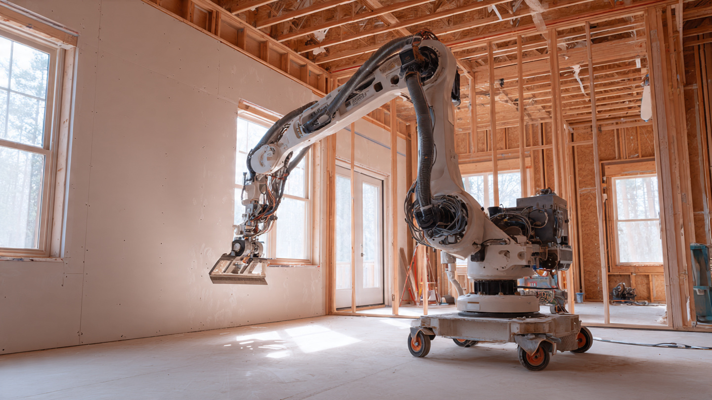 A compact robotic arm on a mobile platform finishing drywall in a residential construction site, with dust capture equipment and an operator monitoring from a tablet nearby