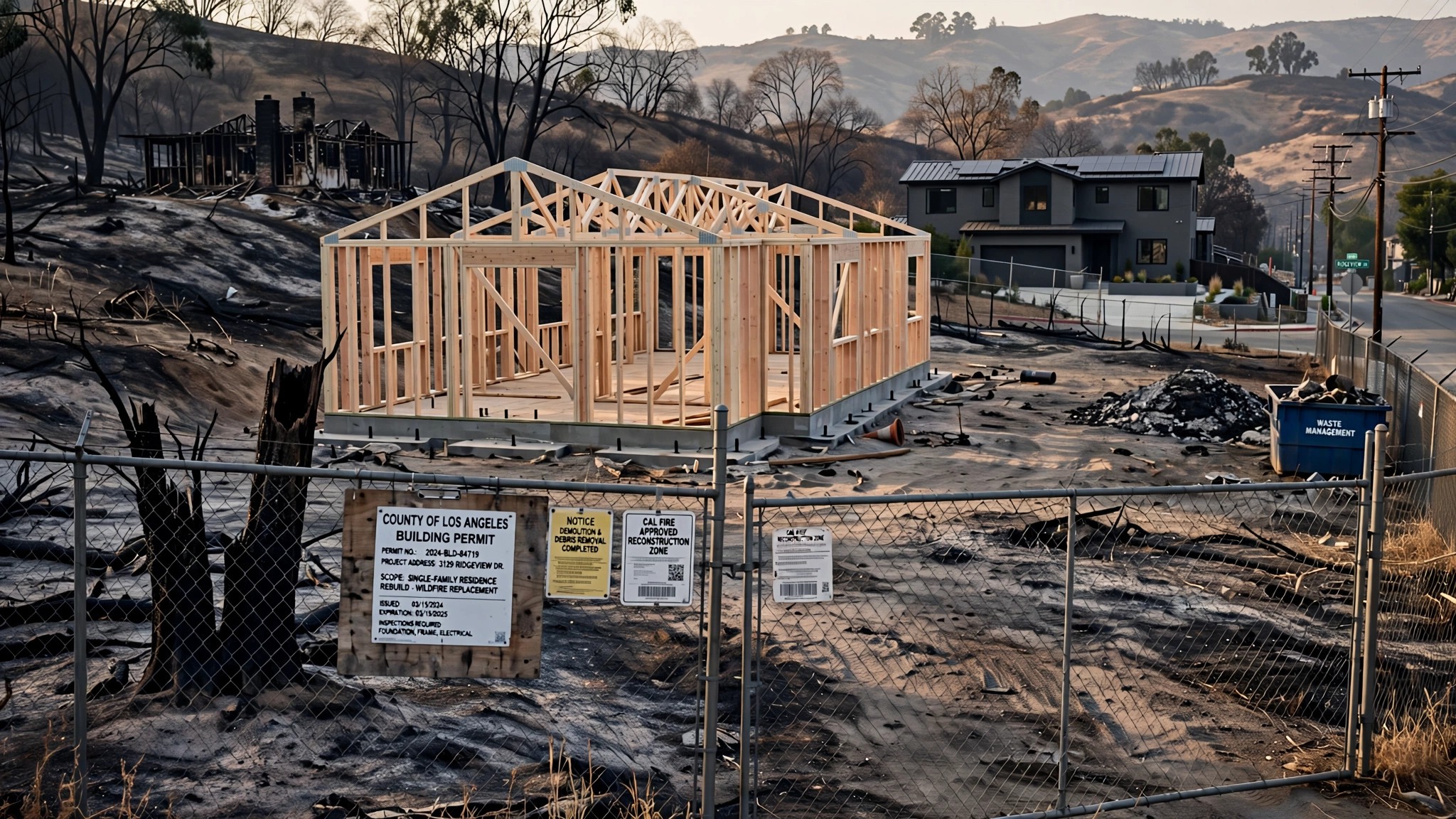 A partially framed house on a cleared, ash-marked lot in a California hillside neighborhood, with construction permits posted on a fence and no workers visible on site