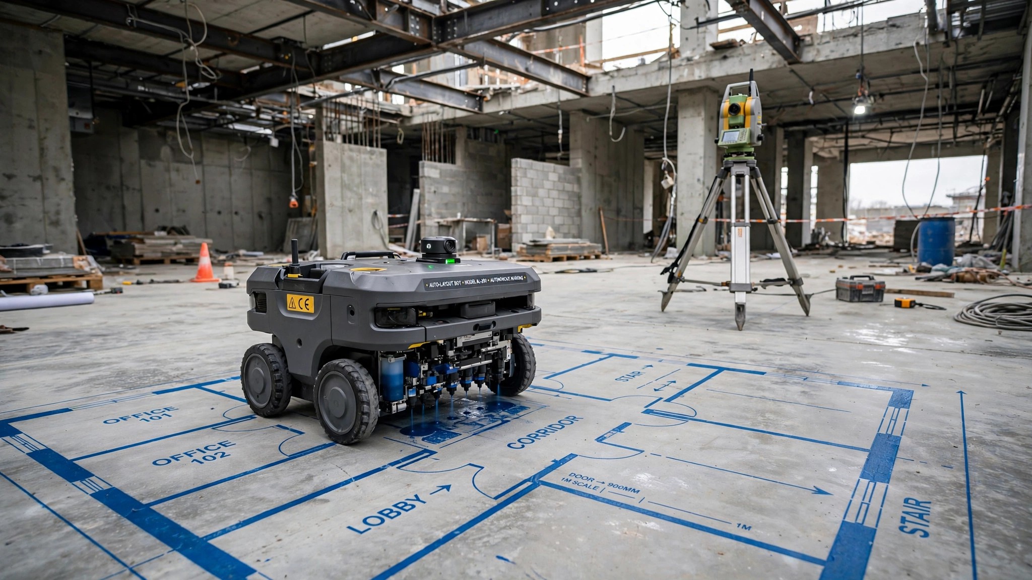 A small autonomous robot printing precise layout lines on a concrete construction site floor, with a robotic total station tracking its position in the background