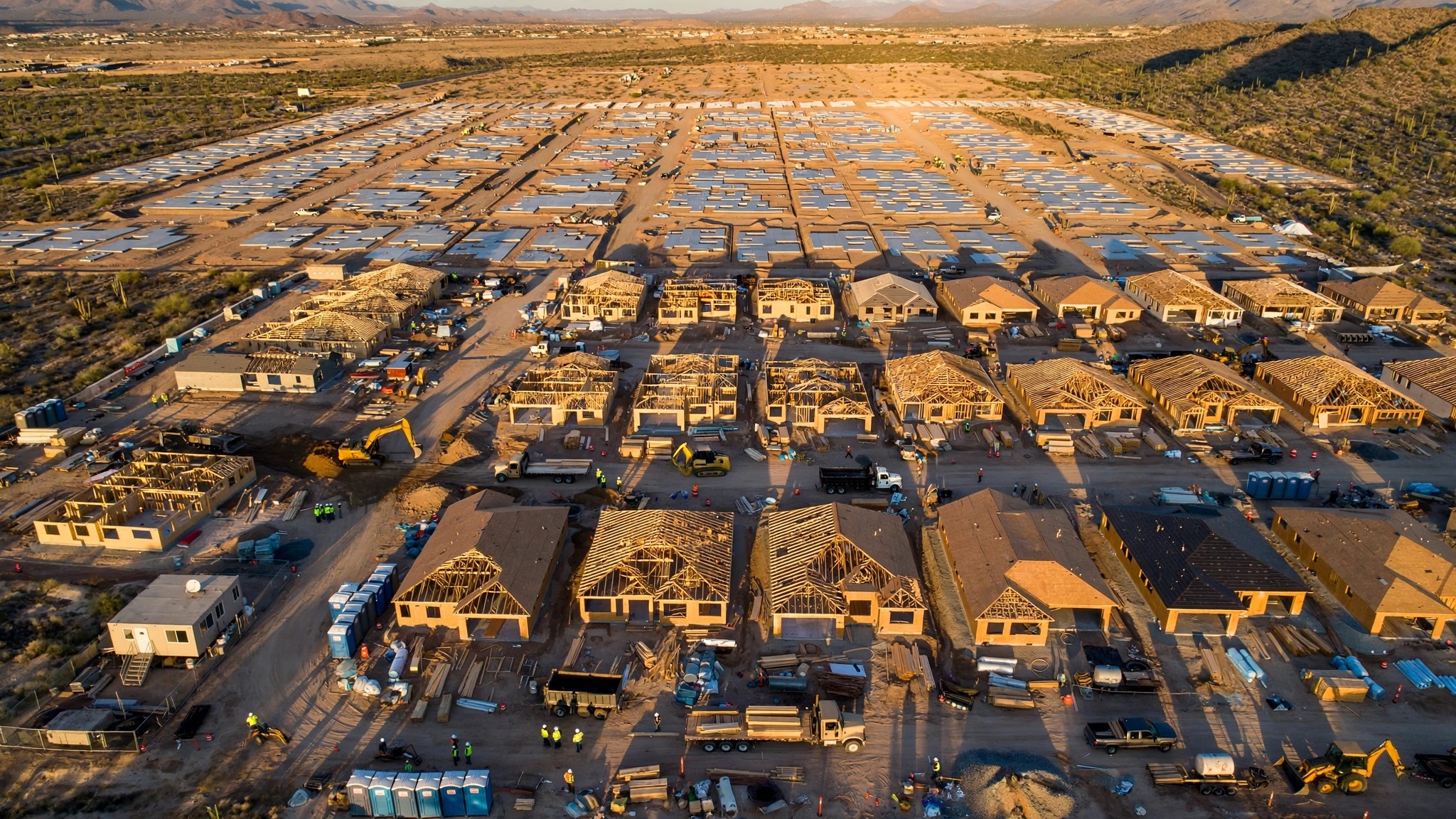 Aerial view of a large-scale suburban housing development under construction with hundreds of homes in neat rows at various stages of completion