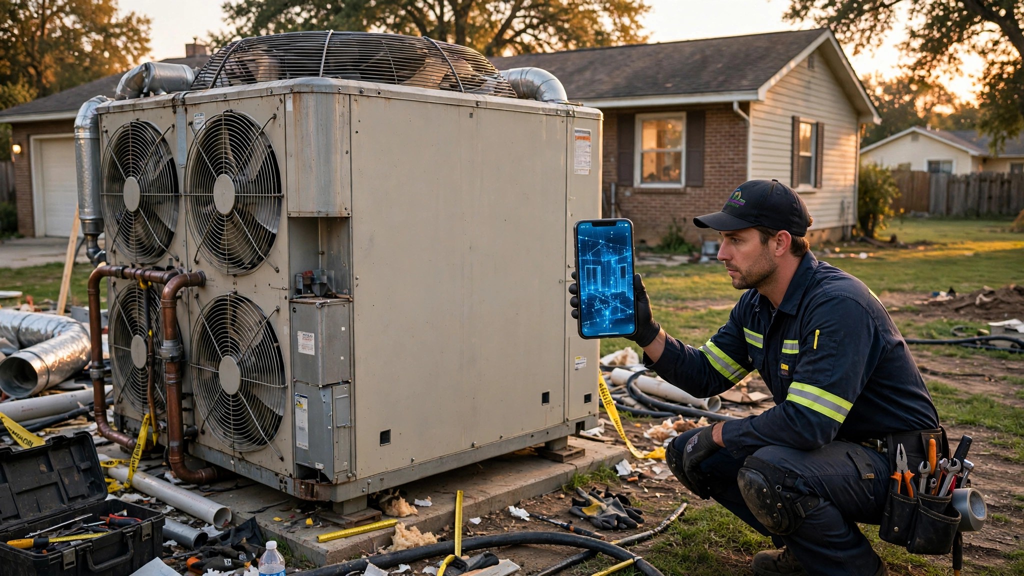 An HVAC technician holding a smartphone scanning a living room with visible LiDAR dots, a massive oversized air conditioning unit looming in the background