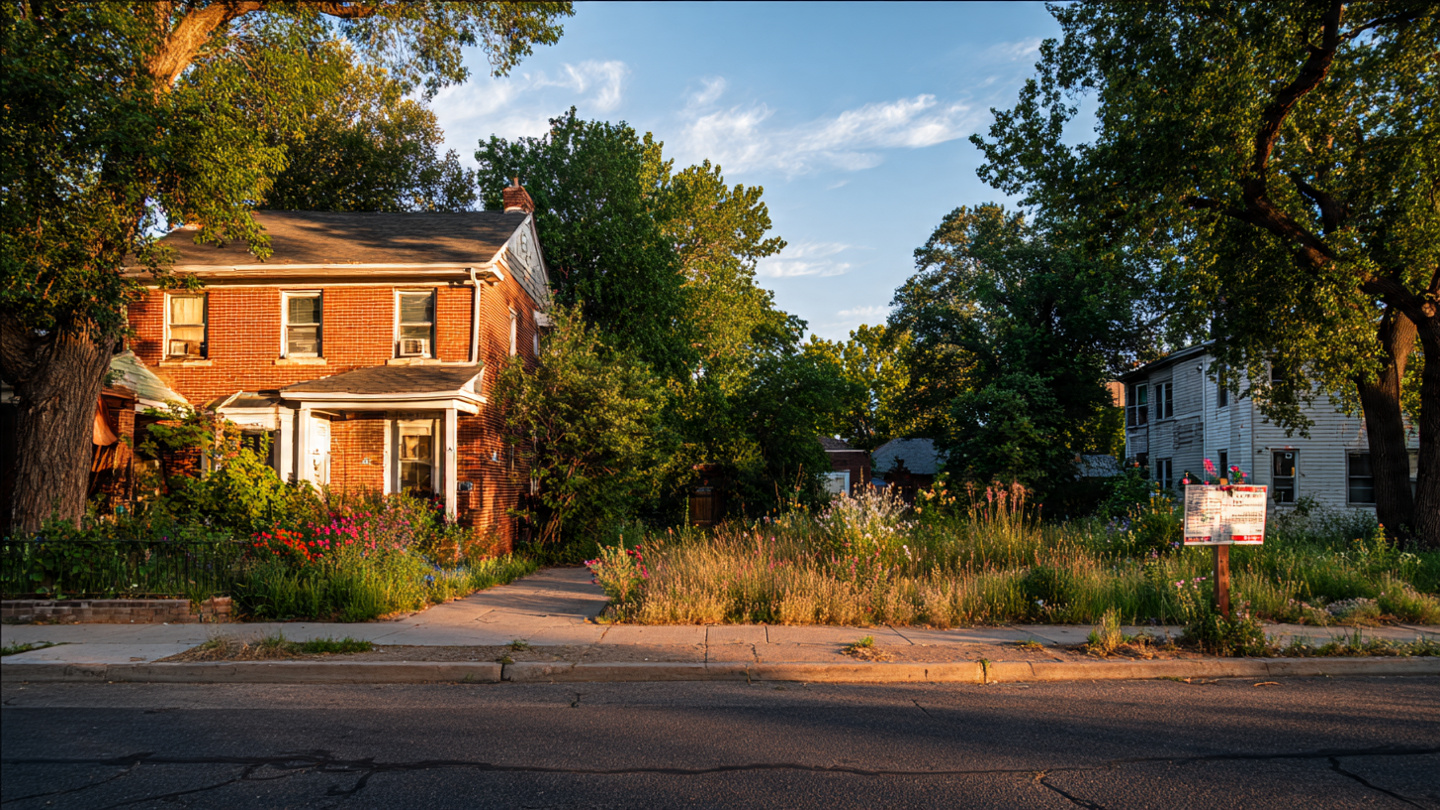 A quiet residential street with a charming brick duplex on one side and an empty overgrown lot on the other where a fourplex was never built