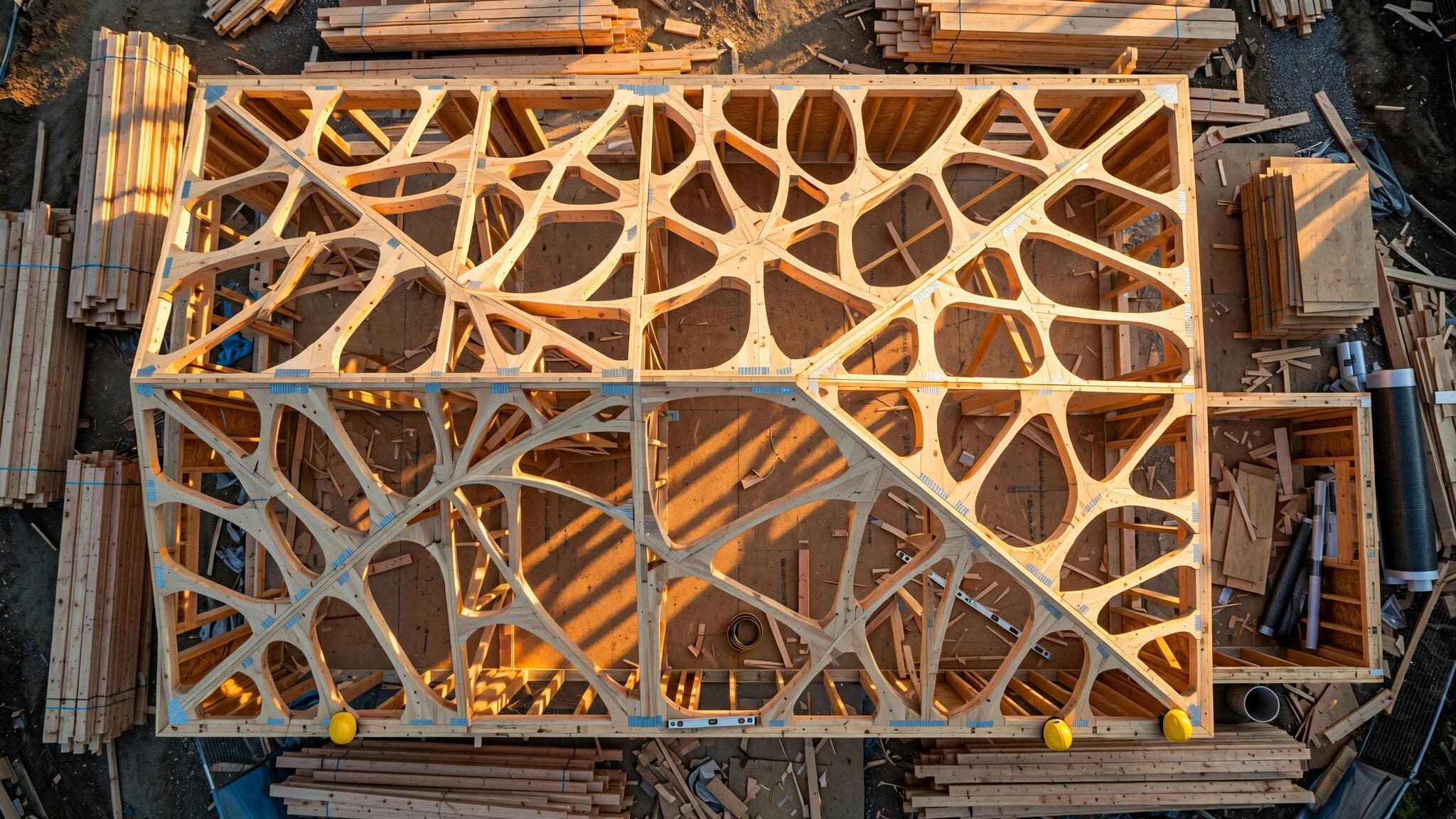 Residential roof trusses under construction with algorithmically optimized web patterns