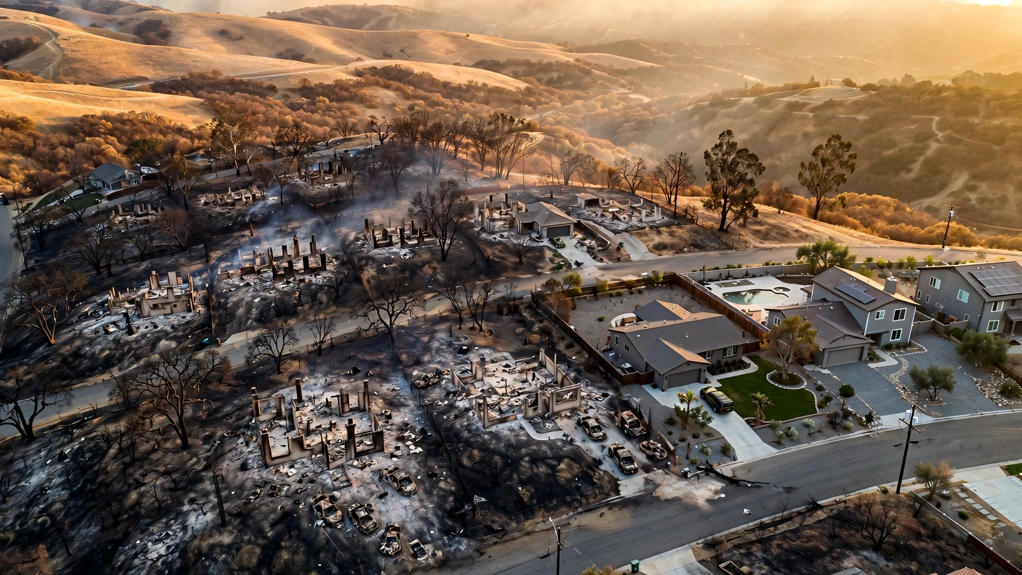 Aerial view of a California WUI neighborhood showing structure spacing between homes after wildfire, with some structures destroyed and others surviving based on proximity and defensible space