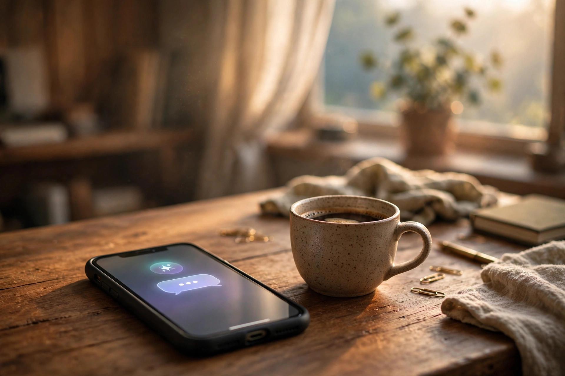 A smartphone glowing on a wooden desk at dawn with an incoming message from a personal AI assistant, coffee beside it, morning light through a window